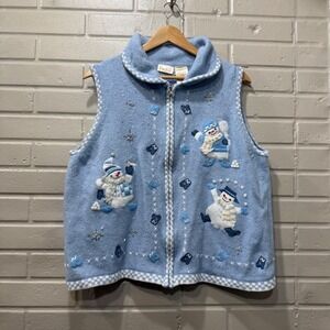 Vintage Bobbie Brooks Vest Angora Blend Blue Snowman Knit Sweater Zip Front M/L